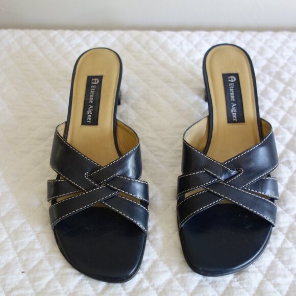 Vtg ETIENNE AIGNER Houston Black Leather Cross-Over Slides Sandals – Wmns 8M - Picture 3 of 7
